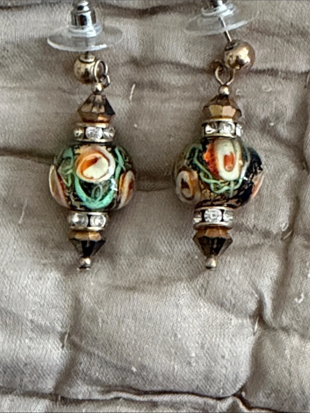 Handmade blown glass orange flowers crystal rhondelles posts pierced earrings